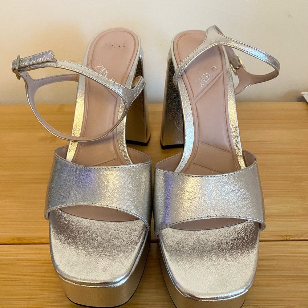 Zara Metallic Silver Platform Heels - image 1